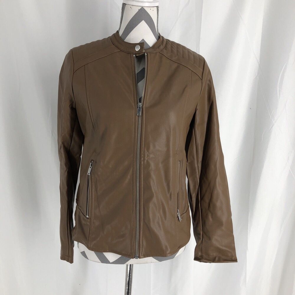 APT 9 Womens Size S Tan/Brown Moto Jacket, Zip-front; Lined Faux Leather